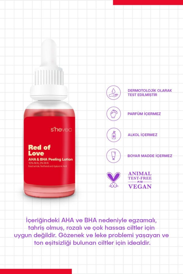 سرم پوست %AHA10 و%BHA 2  شی وک  RED OF LOVE (لوسیون لایه بردار احیا کننده پوست) - تصویر 3